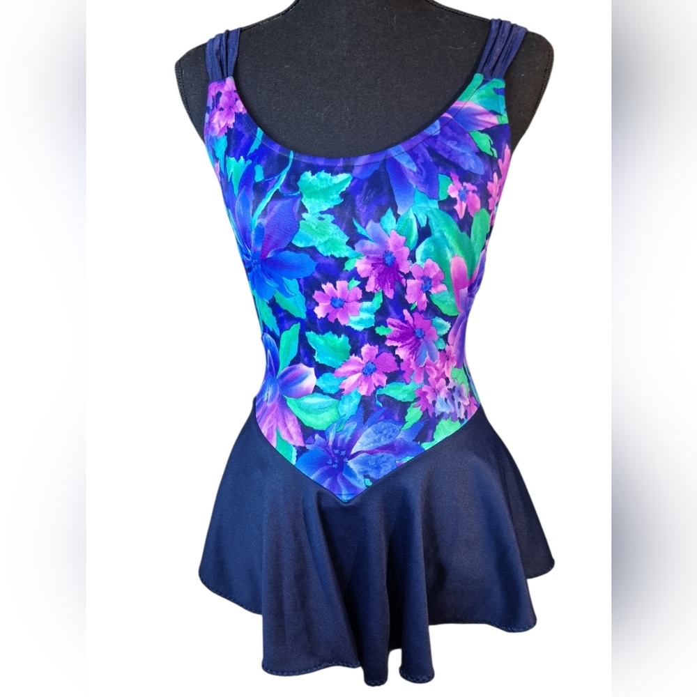 Vintage Pacific Connection Floral Skirted One-Piece Swimsuit Blu& Pink - Size 10